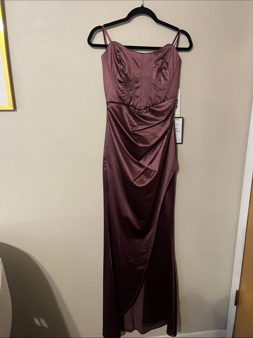 Emerald Sundae Satin Spaghetti-Strap Maxi Dress in Burgundy Plum